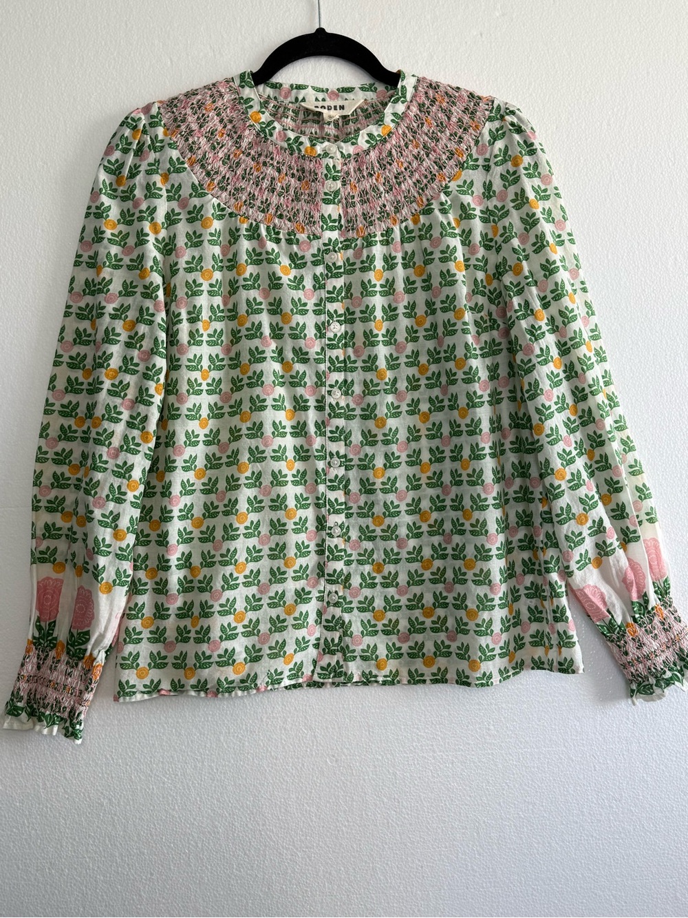 Boden Effie Smocked Split V-Neck Floral Top Long Sleeve Boho Green Pink Size 8 - Picture 3 of 14